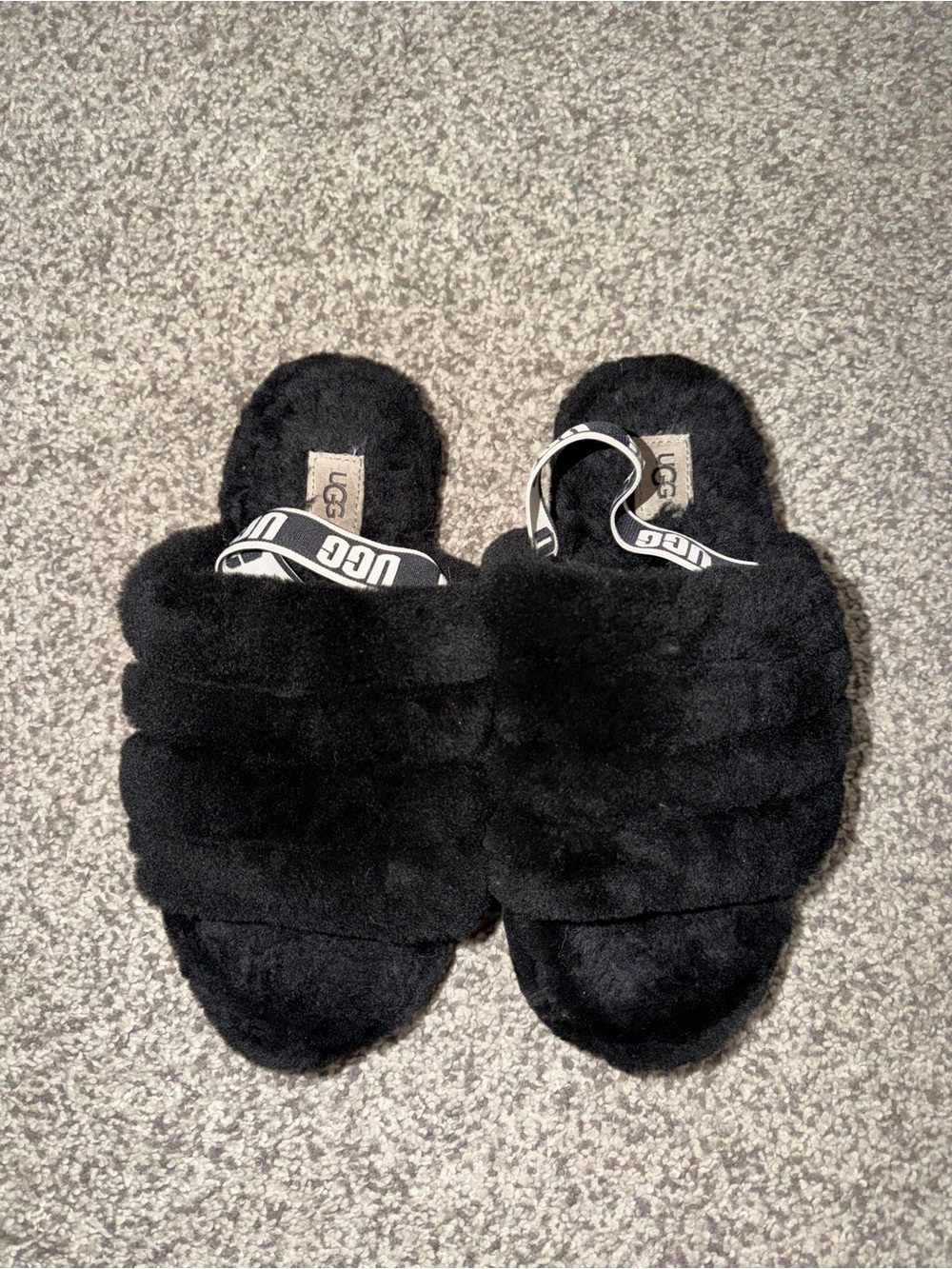 UGG Black Plush Slide with Branded Heel Strap